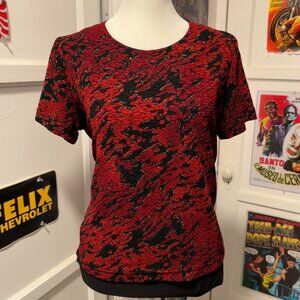 Vintage French Laundry Red and black abstract print top with short sleeves
